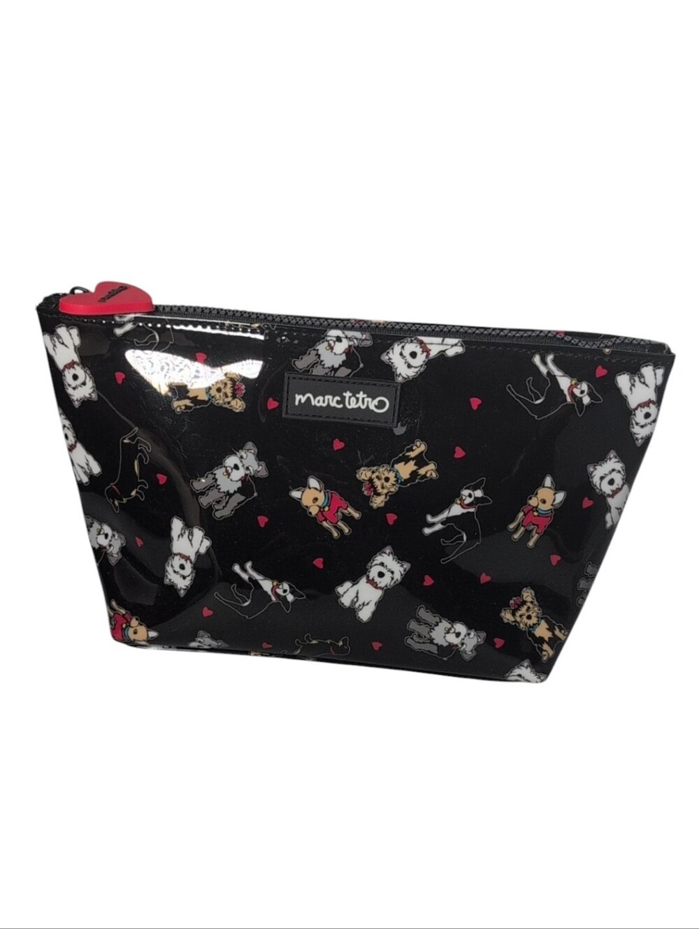 Marc Tetro Black Vinyl Zipper Pouch Toiletry Bag Dog Puppy Print